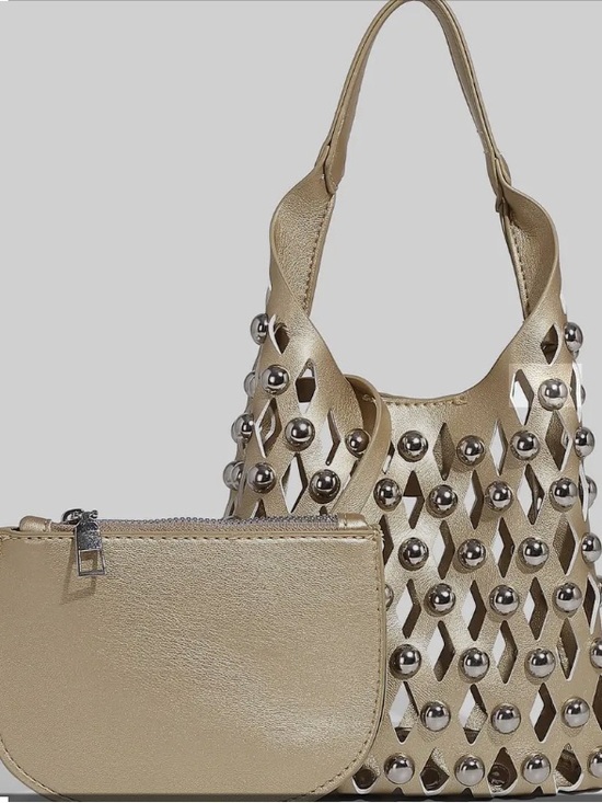 BC Bags Handbags - BC Bags Faux Leather Lattice Studded Metallic Taupe Shoulder Bag with Pouch